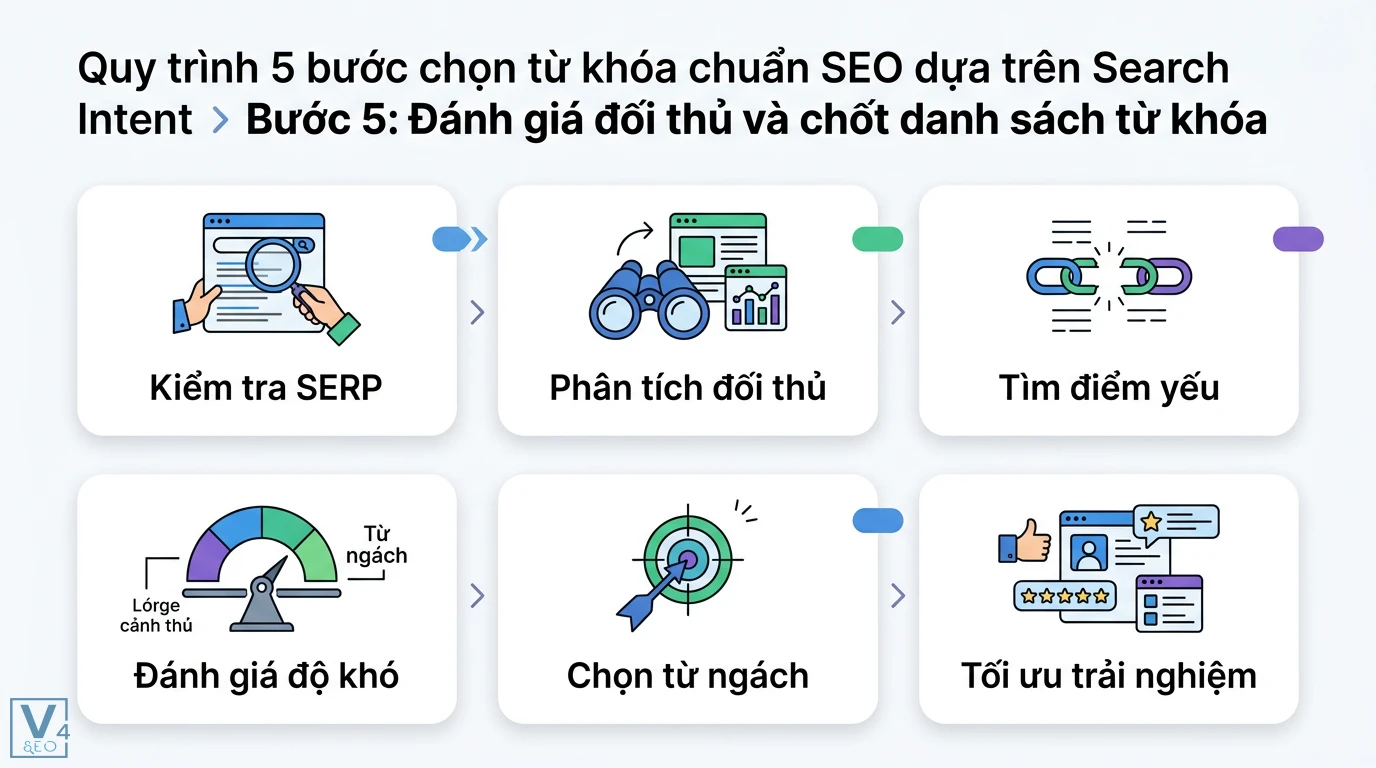 Làm sao chọn đúng từ khóa cho bài viết? Bí quyết Search Intent & Thực chiến 2 Kiểm tra SERP, phân tích đối thủ, tìm điểm yếu, đánh giá độ khó, chọn từ khóa ngách và tối ưu trải nghiệm trong quy trình chốt danh sách SEO