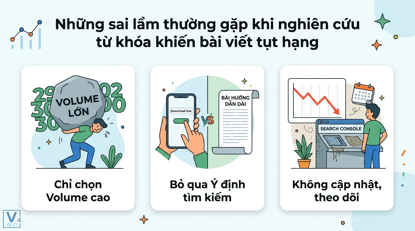 Làm sao chọn đúng từ khóa cho bài viết? Bí quyết Search Intent & Thực chiến 3 Nghiên cứu từ khóa sai lầm: ôm volume lớn, bỏ qua ý định người dùng cần download link thay vì hướng dẫn, bỏ bê Search Console