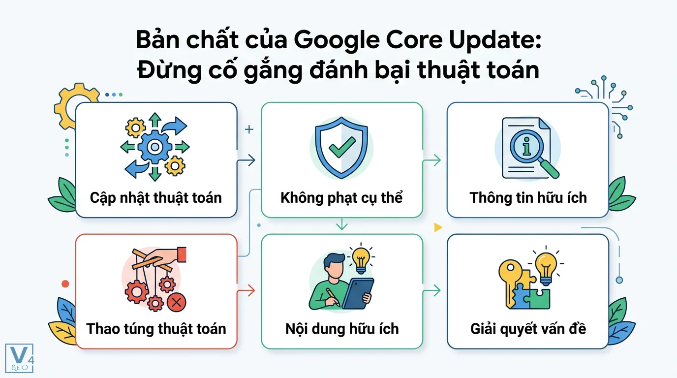 Làm sao để đảm bảo nội dung không bị tụt hạng sau Core Update? 1 Bản chất Google Core Update tập trung nội dung hữu ích và giải quyết vấn đề thay vì thao túng thuật toán để cung cấp thông tin chính xác