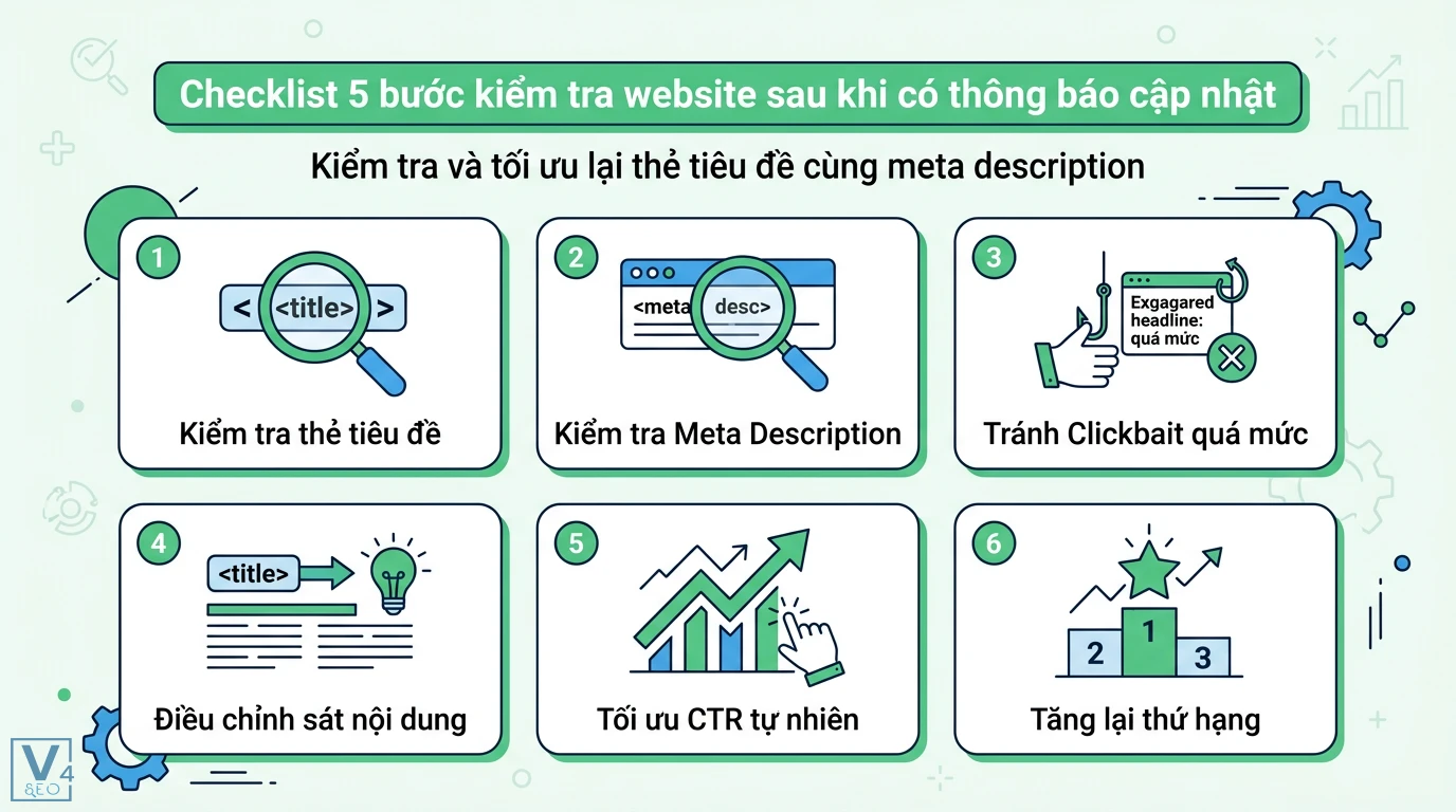 Làm sao để đảm bảo nội dung không bị tụt hạng sau Core Update? 2 Kiểm tra và tối ưu thẻ tiêu đề cùng meta description giúp tránh clickbait, bám sát nội dung để cải thiện CTR tự nhiên và tăng thứ hạng