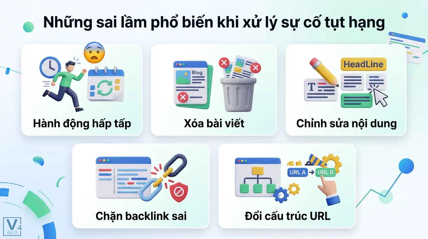 Làm sao để đảm bảo nội dung không bị tụt hạng sau Core Update? 3 Sai lầm phổ biến khi xử lý tụt hạng SEO như hành động hấp tấp, xóa bài viết, chỉnh sửa nội dung, chặn backlink sai và đổi cấu trúc URL