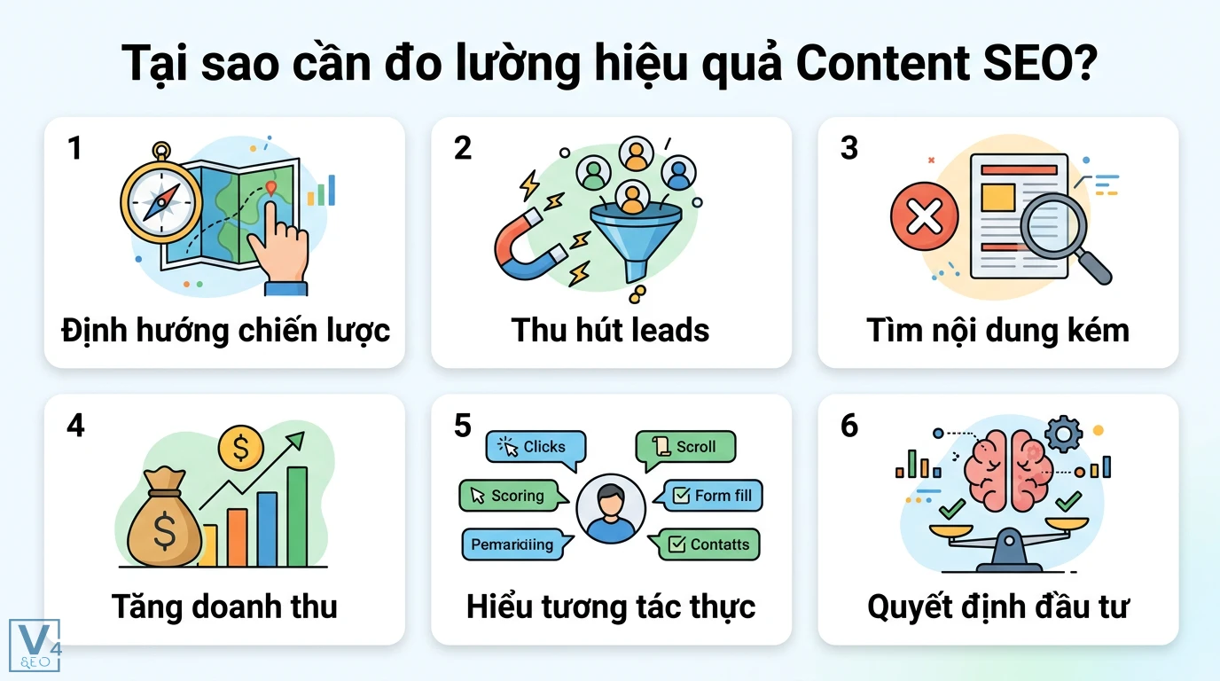 Làm sao để đánh giá sự thành công của một chiến dịch Content SEO? 1 Đo lường Content SEO giúp định hướng chiến lược, thu hút leads, tăng doanh thu, tìm nội dung kém và hiểu tương tác thực để quyết định đầu tư