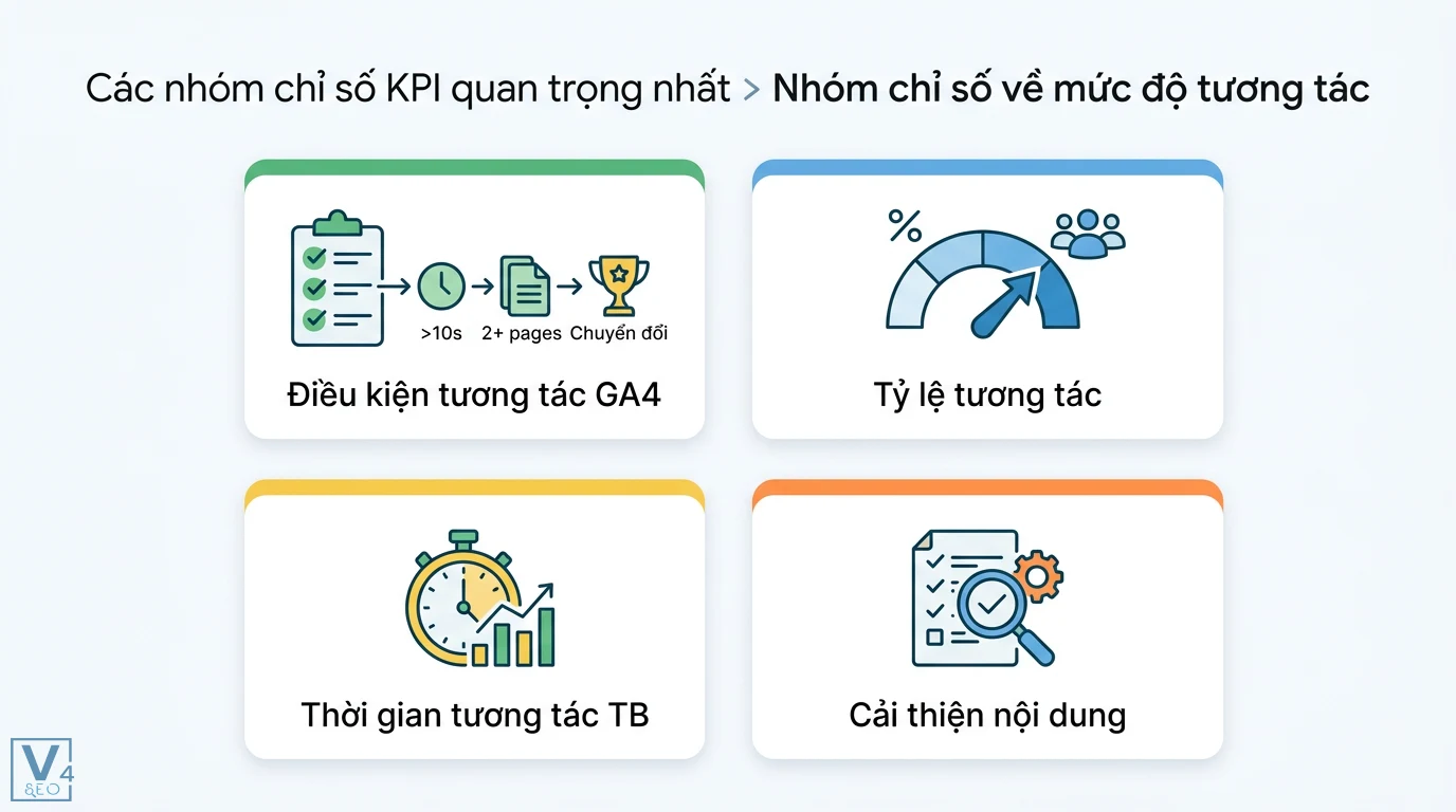 Làm sao để đánh giá sự thành công của một chiến dịch Content SEO? 2 Các chỉ số KPI mức độ tương tác GA4 gồm tỷ lệ tương tác, thời gian tương tác trung bình và điều kiện tương tác giúp đánh giá cải thiện nội dung