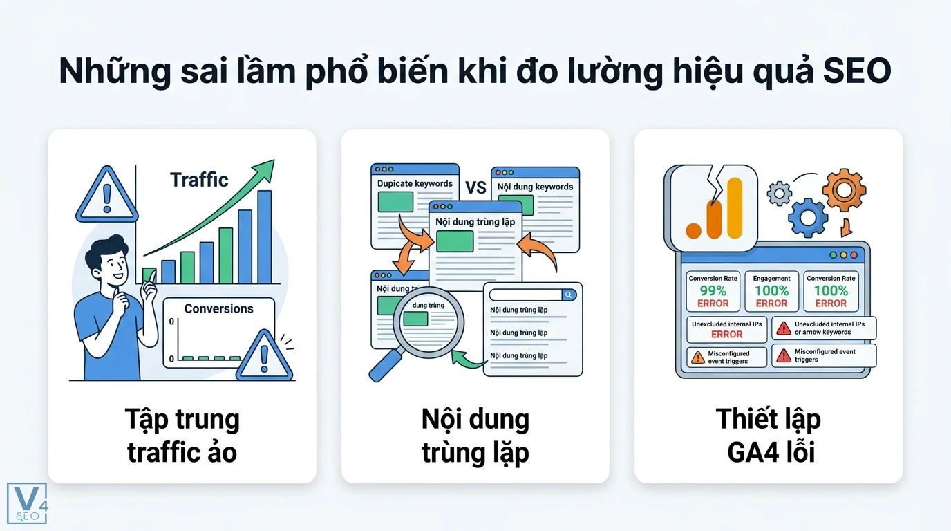 Làm sao để đánh giá sự thành công của một chiến dịch Content SEO? 3 Sai lầm đo lường SEO khi tập trung traffic ảo, nội dung trùng lặp và cấu hình GA4 lỗi gây sai lệch tỷ lệ chuyển đổi và engagement rate