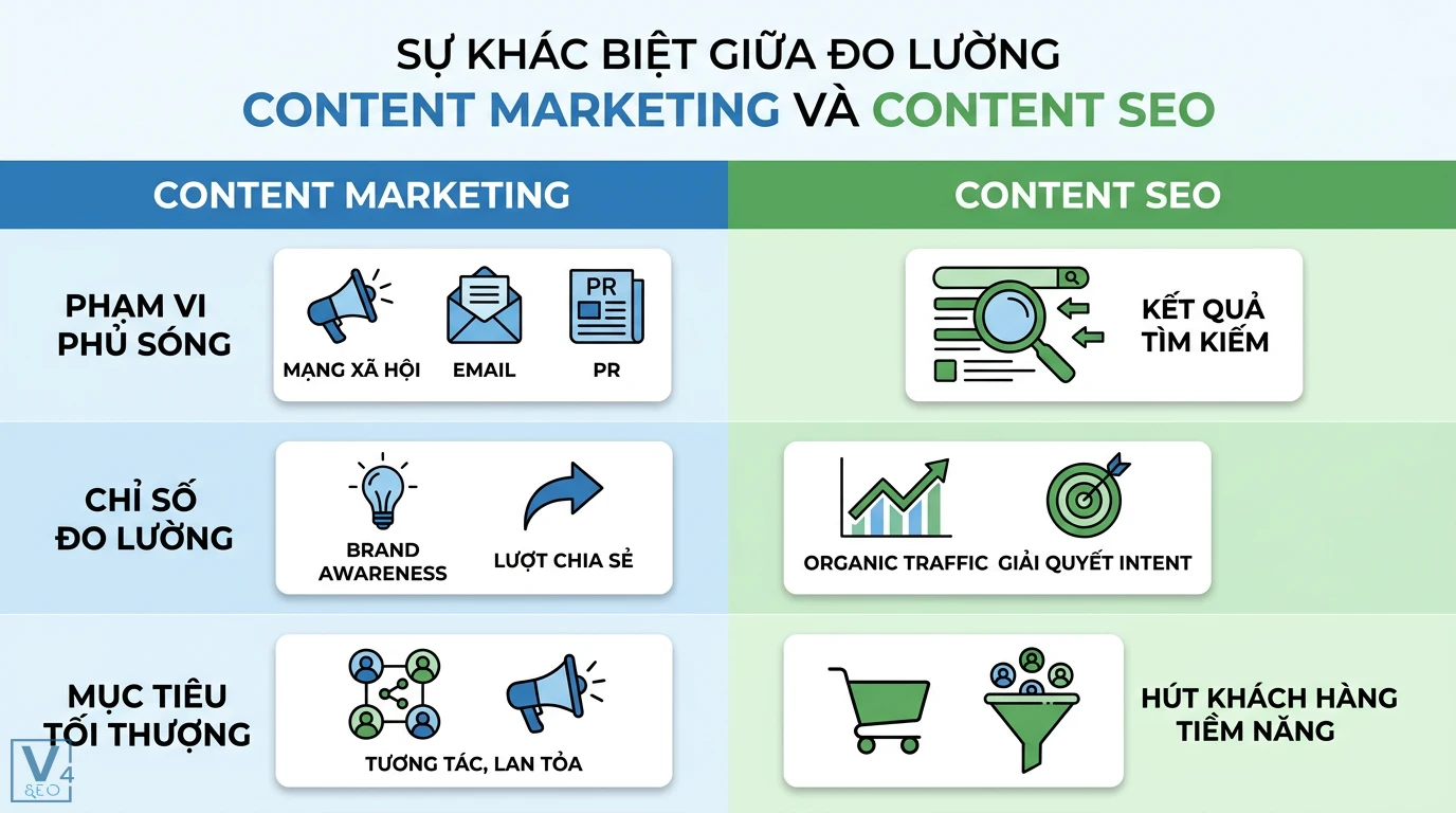 Làm sao để đo lường hiệu quả của Content SEO? 7 KPI chuẩn GA4 1 So sánh đo lường Content Marketing về độ phủ thương hiệu với Content SEO tập trung vào traffic tự nhiên và giải quyết ý định tìm kiếm