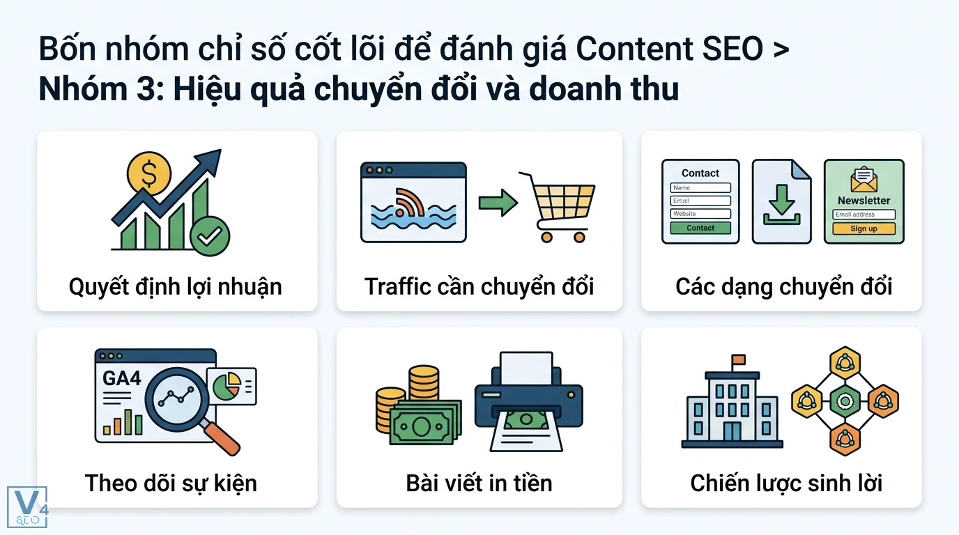 Làm sao để đo lường hiệu quả của Content SEO? 7 KPI chuẩn GA4 2 Hiệu quả chuyển đổi và doanh thu Content SEO gồm lợi nhuận, theo dõi GA4, các dạng chuyển đổi, bài viết in tiền và chiến lược sinh lời