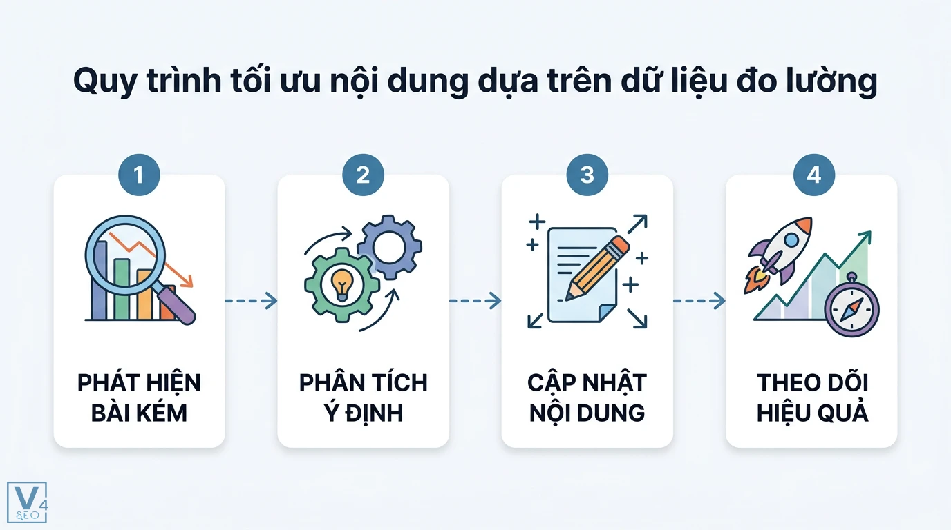 Làm sao để đo lường hiệu quả của Content SEO? 7 KPI chuẩn GA4 3 Quy trình tối ưu nội dung dựa trên dữ liệu đo lường gồm phát hiện bài kém, phân tích ý định, cập nhật nội dung và theo dõi hiệu quả
