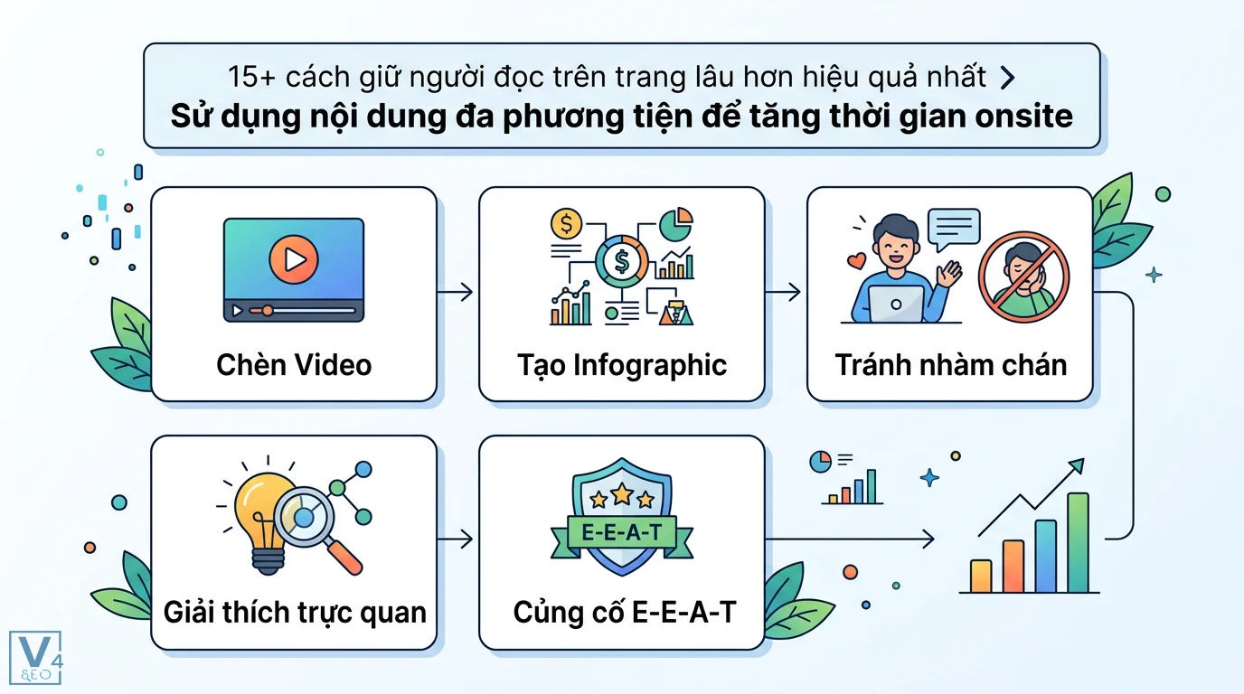 Làm sao để giữ người đọc trên trang lâu hơn? Mẹo tăng Dwell Time 2 Sử dụng video và infographic để giải thích trực quan, củng cố E-E-A-T và tránh nhàm chán nhằm tăng thời gian onsite hiệu quả cho bài viết