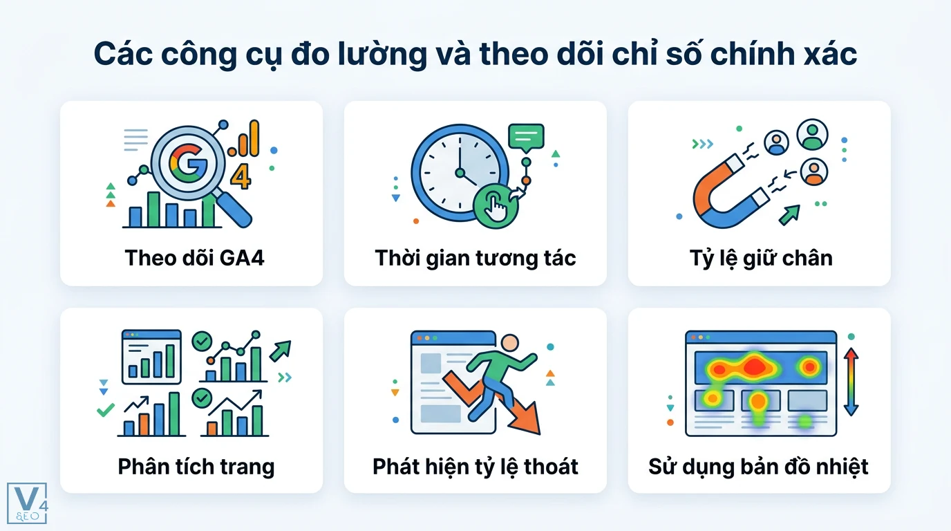 Làm sao để giữ người đọc trên trang lâu hơn? Mẹo tăng Dwell Time 3 Theo dõi GA4, thời gian tương tác, tỷ lệ giữ chân, phân tích trang, tỷ lệ thoát và sử dụng bản đồ nhiệt để đo lường chỉ số Content SEO