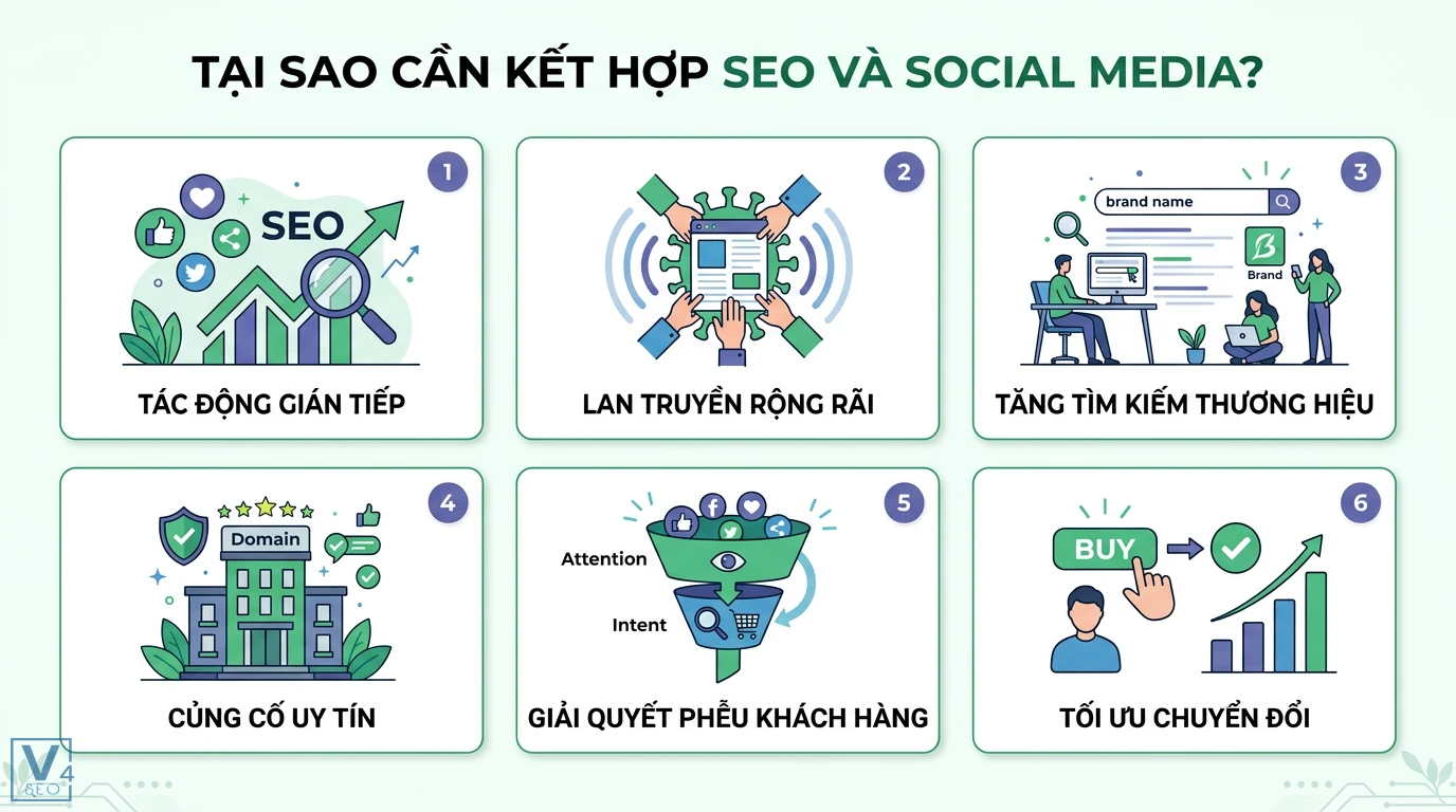 Làm sao để kết hợp SEO và Social Media Marketing? Quy trình chuẩn 1 Sự kết hợp SEO và Social Media giúp lan truyền nội dung, tăng tìm kiếm thương hiệu, củng cố uy tín domain và tối ưu hóa hành trình chuyển đổi khách hàng
