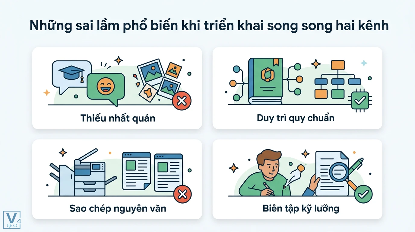 Làm sao để kết hợp SEO và Social Media Marketing? Quy trình chuẩn 3 Sai lầm khi triển khai song song hai kênh gồm thiếu nhất quán thương hiệu và sao chép nội dung thay vì duy trì quy chuẩn biên tập kỹ lưỡng