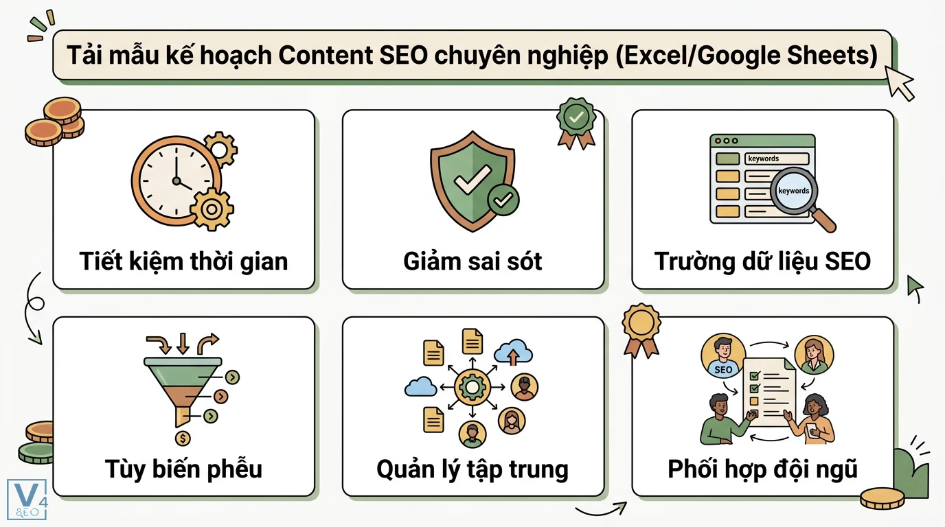 Lập Kế Hoạch Content SEO Dài Hạn 2026: Tối Ưu AI, Topic Cluster 1 Kế hoạch Content SEO chuyên nghiệp giúp tiết kiệm thời gian, quản lý trường dữ liệu tập trung và tối ưu quy trình phối hợp đội ngũ hiệu quả