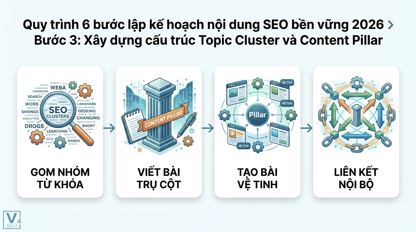 Lập Kế Hoạch Content SEO Dài Hạn 2026: Tối Ưu AI, Topic Cluster 2 Xây dựng cấu trúc Topic Cluster và Content Pillar qua việc gom nhóm từ khóa, viết bài trụ cột, tạo bài vệ tinh và tối ưu liên kết nội bộ