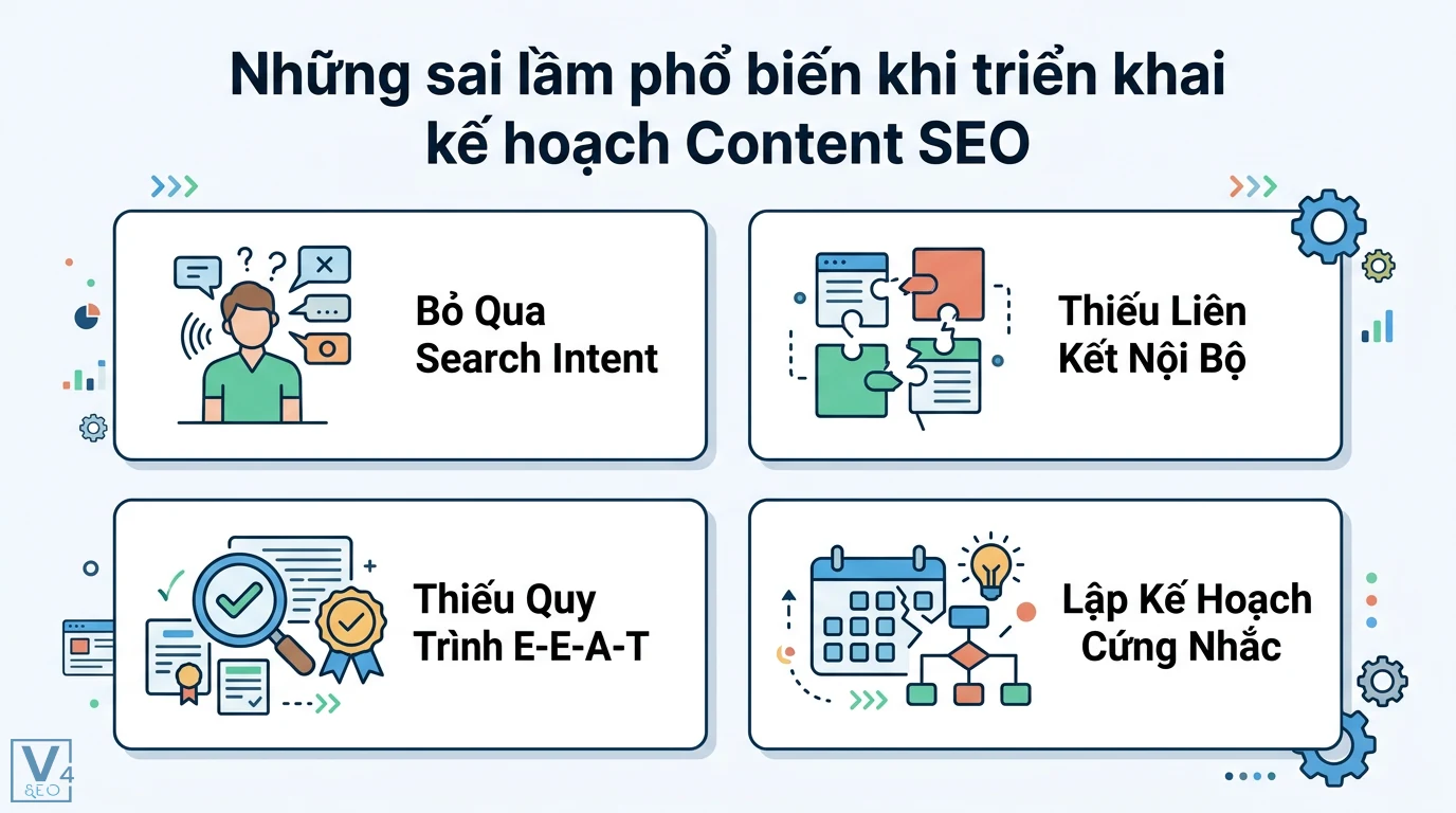 Lập Kế Hoạch Content SEO Dài Hạn 2026: Tối Ưu AI, Topic Cluster 3 Sai lầm triển khai Content SEO gồm bỏ qua Search Intent, thiếu liên kết nội bộ, thiếu quy trình E-E-A-T và lập kế hoạch cứng nhắc