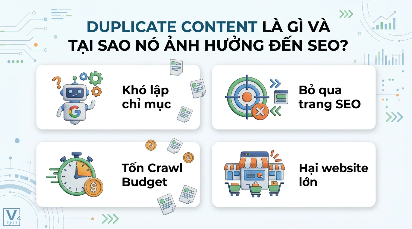 Hướng dẫn sửa lỗi nội dung trùng lặp (Duplicate Content) triệt để 1 Duplicate content khiến Google khó lập chỉ mục, bỏ qua trang SEO, lãng phí crawl budget và gây hại cho các website quy mô lớn