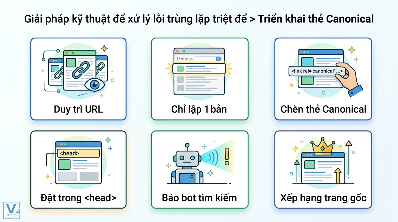 Hướng dẫn sửa lỗi nội dung trùng lặp (Duplicate Content) triệt để 2 Triển khai thẻ Canonical trong head giúp giữ URL biến thể và báo bot tìm kiếm chỉ lập chỉ mục một phiên bản để tập trung xếp hạng trang gốc