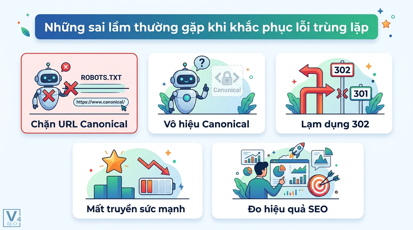Hướng dẫn sửa lỗi nội dung trùng lặp (Duplicate Content) triệt để 3 Sai lầm khi khắc phục lỗi trùng lặp gồm chặn Robots.txt cho Canonical, lạm dụng Redirect 302 và quy trình đo lường hiệu quả Content SEO