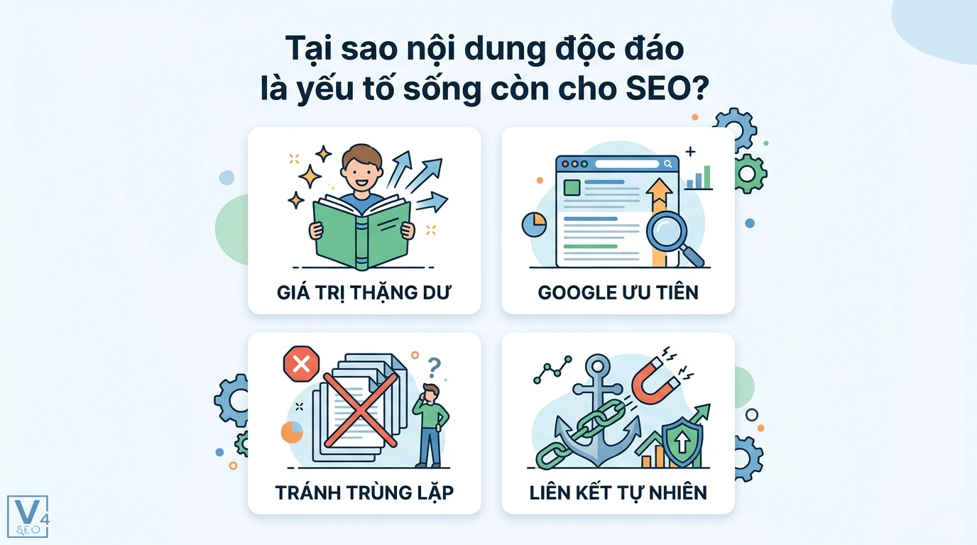 Làm sao để sáng tạo nội dung độc đáo, không trùng lặp? 7 bước chuẩn SEO 1 Nội dung độc đáo tạo giá trị thặng dư giúp Google ưu tiên xếp hạng, tránh trùng lặp nội dung và thu hút liên kết tự nhiên cho website