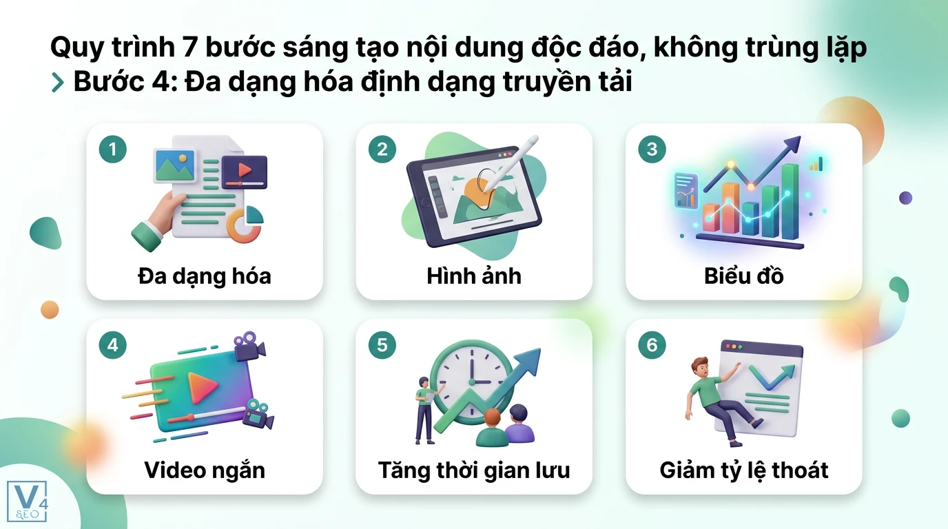 Làm sao để sáng tạo nội dung độc đáo, không trùng lặp? 7 bước chuẩn SEO 2 Đa dạng hóa định dạng truyền tải bằng đồ họa, video ngắn giúp tăng thời gian lưu trang và giảm tỷ lệ thoát cho nội dung SEO độc đáo