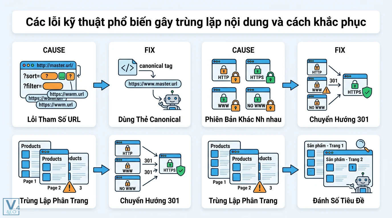 Làm sao để sáng tạo nội dung độc đáo, không trùng lặp? 7 bước chuẩn SEO 3 Khắc phục lỗi trùng lặp nội dung bằng thẻ canonical cho tham số URL chuyển hướng 301 đồng nhất tên miền và đánh số tiêu đề khi phân trang