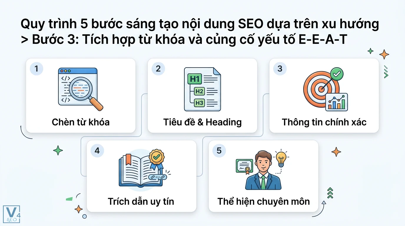 Làm sao để sáng tạo nội dung SEO dựa trên xu hướng (Trending Content)? 2 Tích hợp từ khóa vào tiêu đề, heading và củng cố E-E-A-T bằng thông tin chính xác, trích dẫn uy tín cùng thể hiện chuyên môn thương hiệu