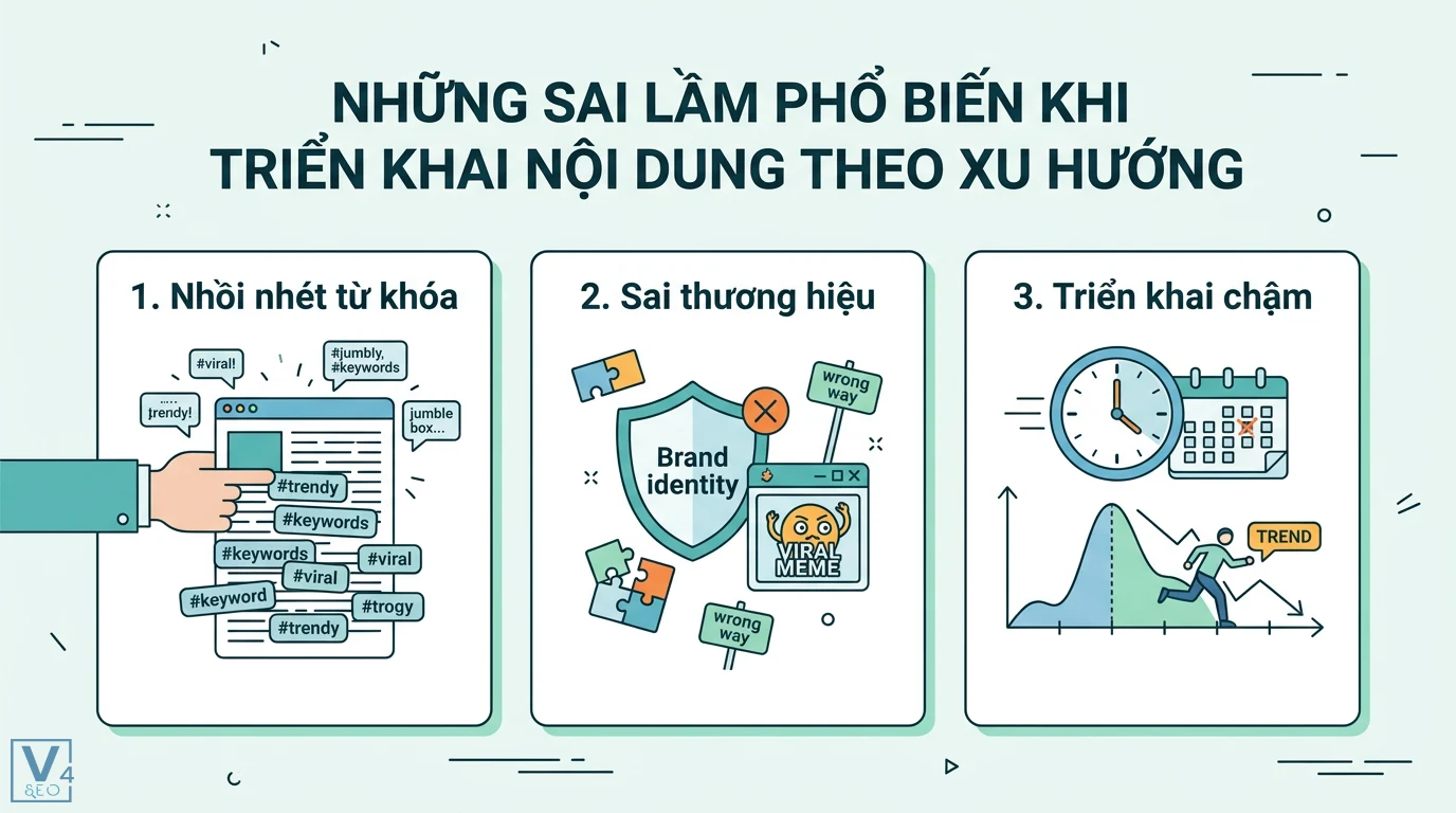 Làm sao để sáng tạo nội dung SEO dựa trên xu hướng (Trending Content)? 3 Những sai lầm khi triển khai nội dung theo xu hướng gồm nhồi nhét từ khóa, sai định vị thương hiệu và tốc độ thực hiện chậm trễ