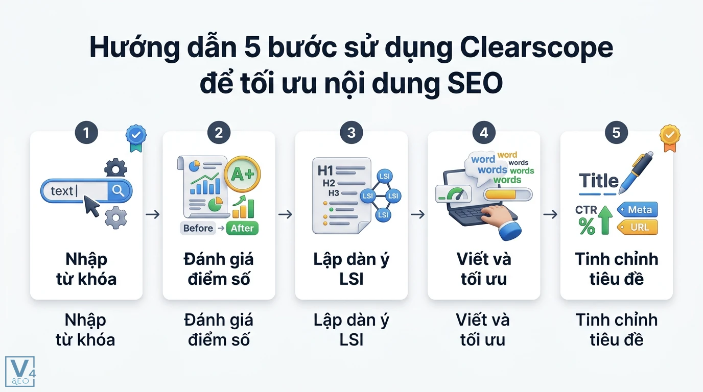 Làm sao để sử dụng Clearscope để tối ưu hóa nội dung SEO? 5 bước 1 Quy trình 5 bước sử dụng Clearscope tối ưu SEO gồm nhập từ khóa, đánh giá điểm số, lập dàn ý LSI, viết và tối ưu, tinh chỉnh tiêu đề