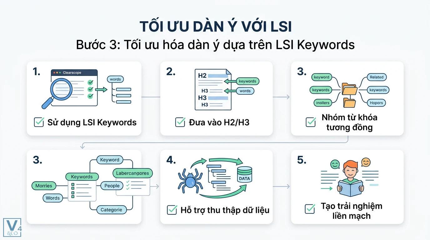 Làm sao để sử dụng Clearscope để tối ưu hóa nội dung SEO? 5 bước 2 Tối ưu dàn ý bằng LSI Keywords từ Clearscope qua việc phân bổ thẻ H2, H3 và nhóm từ khóa tương đồng giúp công cụ tìm kiếm thu thập dữ liệu