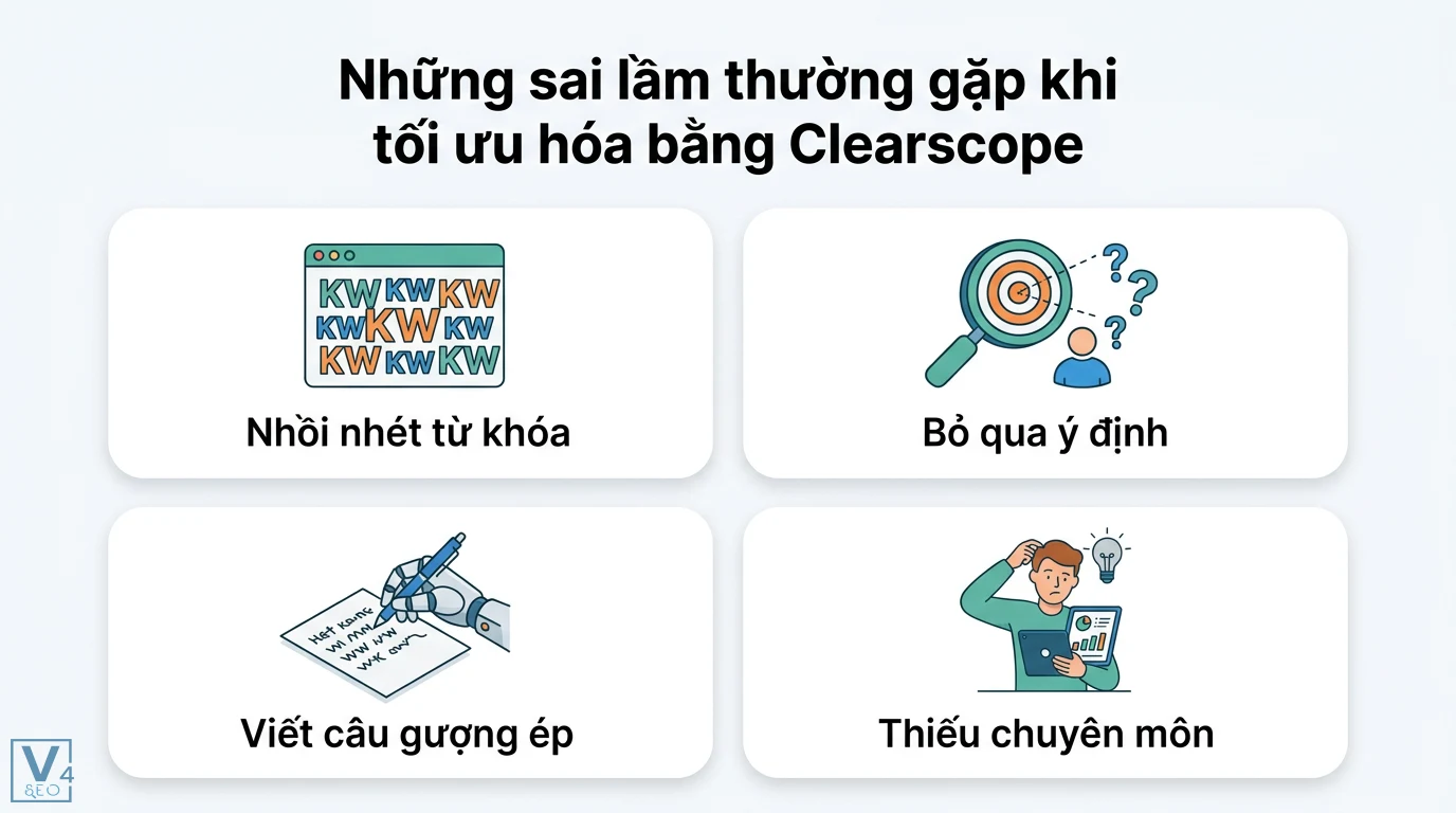 Làm sao để sử dụng Clearscope để tối ưu hóa nội dung SEO? 5 bước 3 Sai lầm khi tối ưu hóa bằng Clearscope gồm nhồi nhét từ khóa, bỏ qua ý định tìm kiếm, viết câu gượng ép và thiếu tư duy chuyên môn độc đáo