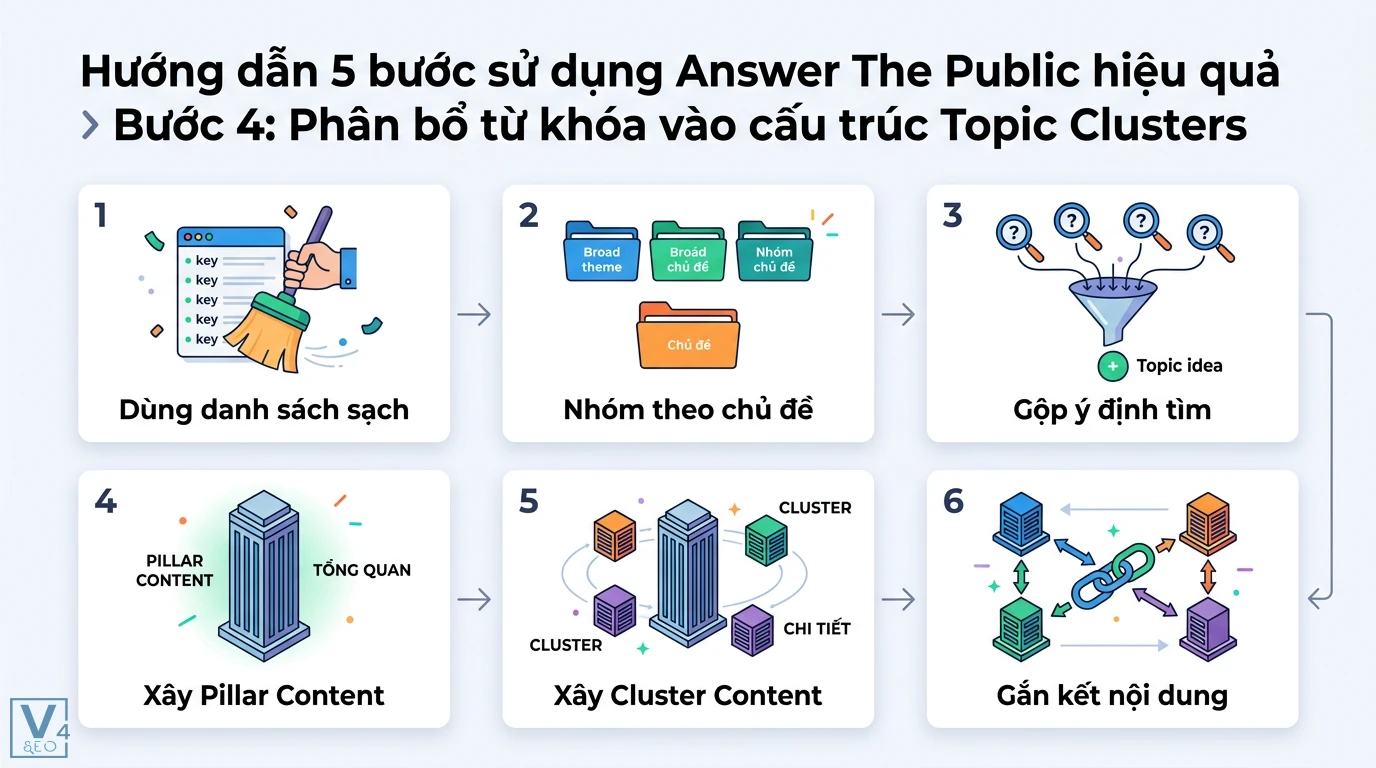 Cách dùng Answer The Public tạo ý tưởng nội dung chuẩn SEO 2026 2 Phân bổ từ khóa vào cấu trúc Topic Clusters thông qua nhóm ý định tìm kiếm, xây dựng bài Pillar và các Cluster Content liên kết chặt chẽ