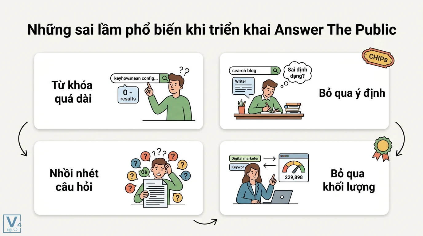 Cách dùng Answer The Public tạo ý tưởng nội dung chuẩn SEO 2026 3 Sai lầm khi dùng Answer The Public gồm nhập từ khóa quá dài, bỏ qua ý định tìm kiếm, nhồi nhét câu hỏi và thiếu dữ liệu khối lượng tìm kiếm