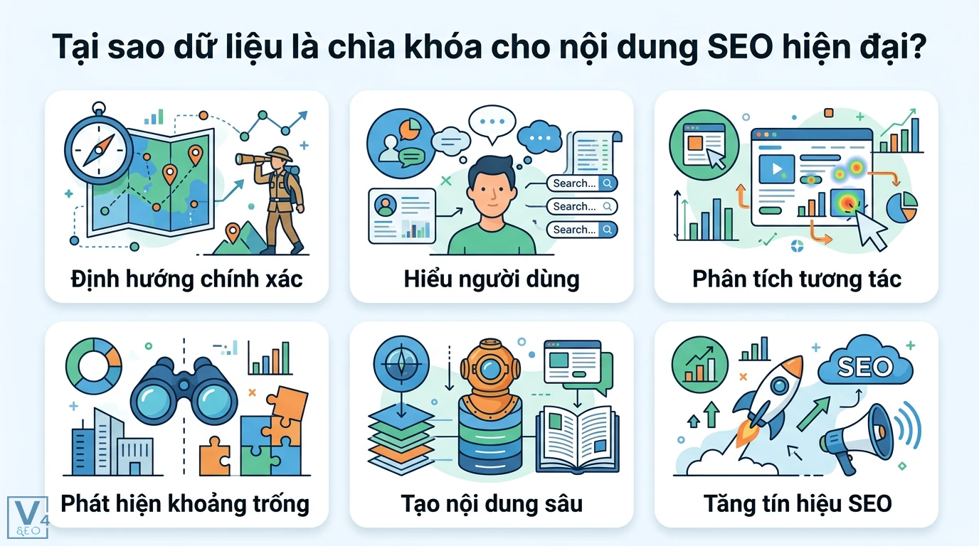 Làm sao để sử dụng phân tích dữ liệu để tạo nội dung SEO tốt hơn? 1 Dữ liệu giúp định hướng chính xác, hiểu người dùng, phân tích tương tác, phát hiện khoảng trống và tạo nội dung sâu để tăng tín hiệu SEO