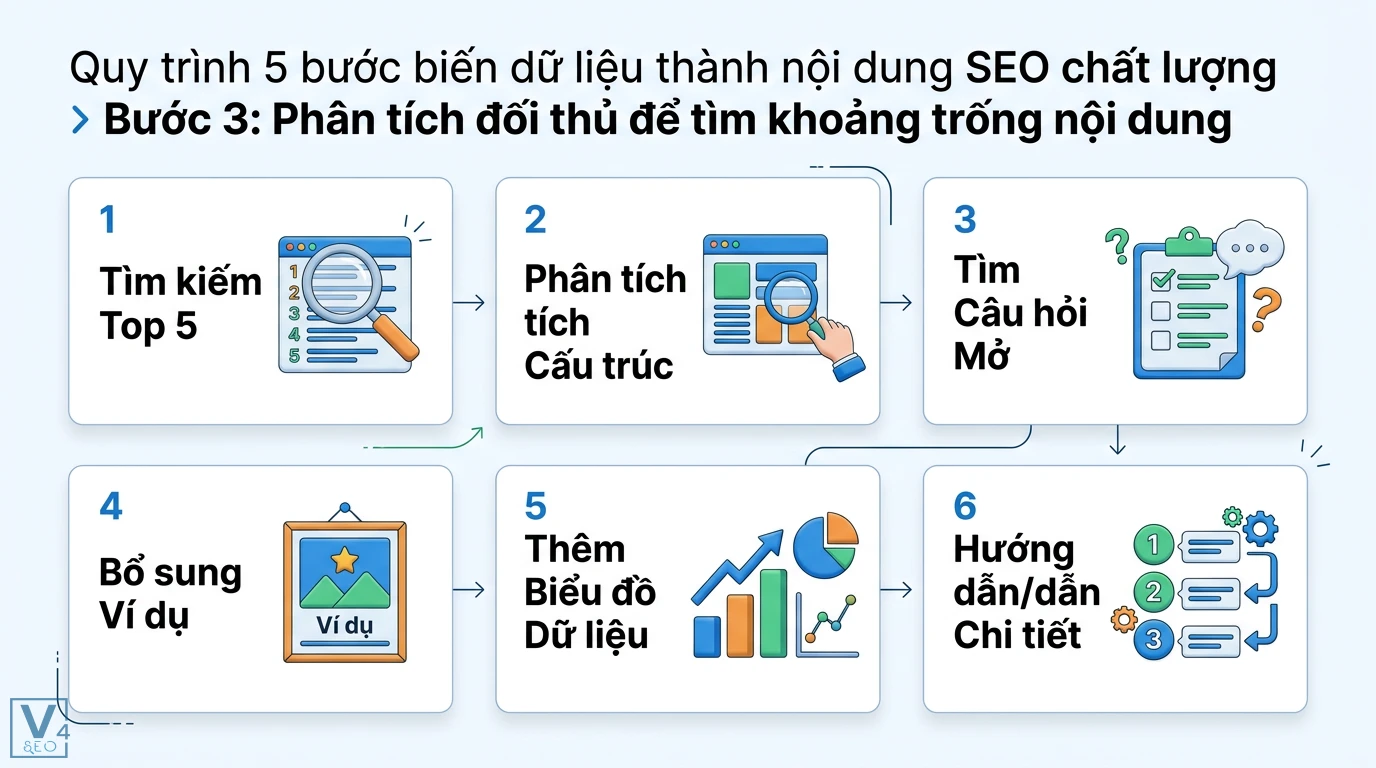 Làm sao để sử dụng phân tích dữ liệu để tạo nội dung SEO tốt hơn? 2 Phân tích đối thủ tìm khoảng trống nội dung SEO qua tìm kiếm top 5, cấu trúc, câu hỏi mở, ví dụ, dữ liệu và hướng dẫn chi tiết