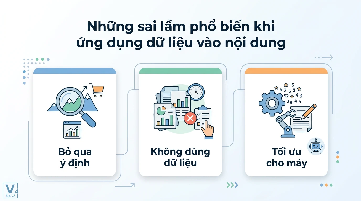Làm sao để sử dụng phân tích dữ liệu để tạo nội dung SEO tốt hơn? 3 Sai lầm ứng dụng dữ liệu vào nội dung gồm bỏ qua ý định tìm kiếm, không sử dụng dữ liệu thực tế và tối ưu hóa cho máy thay vì người dùng