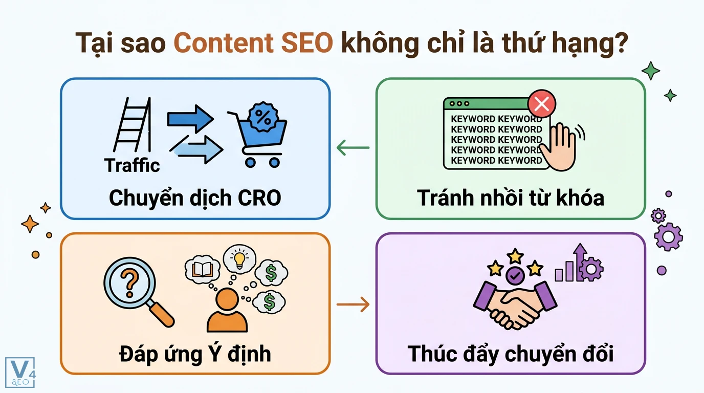 Làm sao để tăng tỷ lệ chuyển đổi với Content SEO? 5 bước đột phá 1 Content SEO tập trung chuyển dịch sang CRO, tránh nhồi nhét từ khóa, đáp ứng chính xác ý định tìm kiếm của người dùng để thúc đẩy chuyển đổi