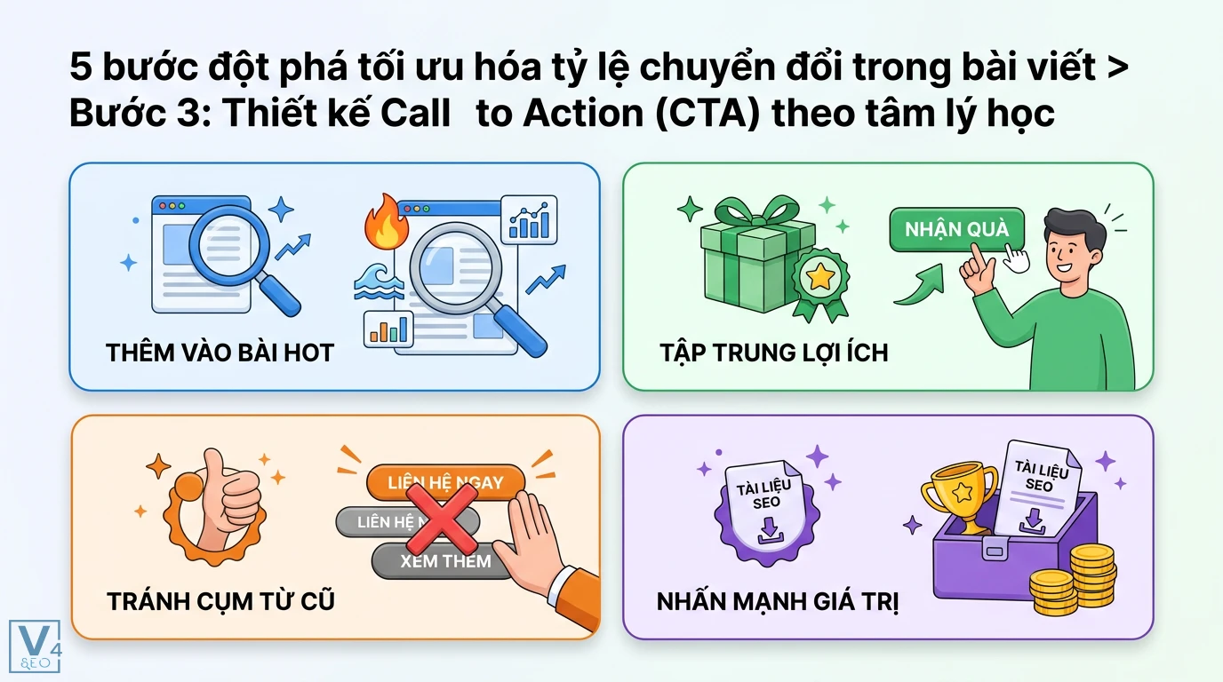 Làm sao để tăng tỷ lệ chuyển đổi với Content SEO? 5 bước đột phá 2 Thiết kế CTA tâm lý học tối ưu chuyển đổi cho bài viết hot bằng cách tập trung lợi ích tránh cụm từ cũ và nhấn mạnh giá trị tài liệu SEO