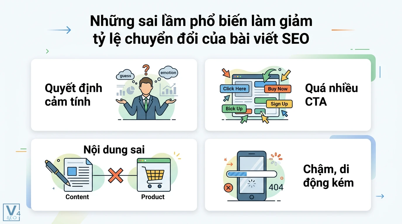 Làm sao để tăng tỷ lệ chuyển đổi với Content SEO? 5 bước đột phá 3 Những sai lầm làm giảm tỷ lệ chuyển đổi bài viết SEO như quyết định cảm tính, quá nhiều CTA, nội dung sai ngữ cảnh và tối ưu di động kém