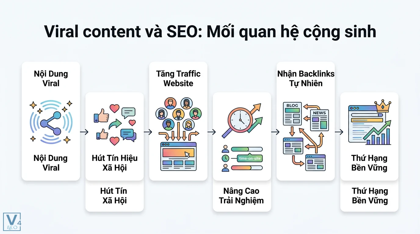 Làm sao để tạo nội dung viral cho chiến dịch SEO? 5 bước bùng nổ 1 Mối quan hệ cộng sinh giữa Viral content và SEO giúp tăng tín hiệu xã hội, traffic website, nhận backlinks tự nhiên và đạt thứ hạng bền vững