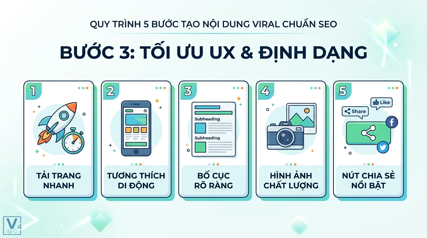 Làm sao để tạo nội dung viral cho chiến dịch SEO? 5 bước bùng nổ 2 Tối ưu UX và định dạng nội dung viral gồm tải trang nhanh, tương thích di động, tiêu đề phụ, tư liệu sắc nét và nút chia sẻ nổi bật