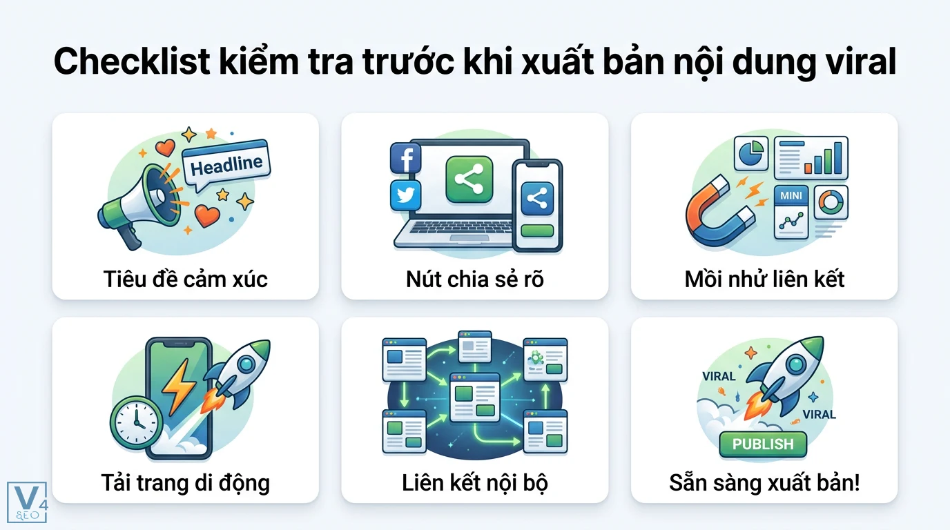 Làm sao để tạo nội dung viral cho chiến dịch SEO? 5 bước bùng nổ 3 Checklist kiểm tra nội dung viral gồm tiêu đề cảm xúc, nút chia sẻ rõ, mồi nhử liên kết, tải trang di động và liên kết nội bộ