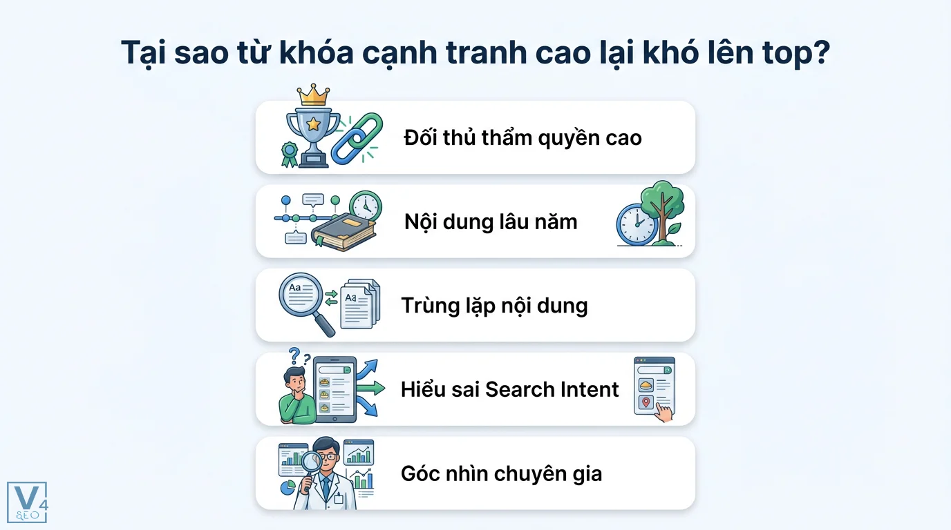 Làm sao để tối ưu bài viết cho từ khóa cạnh tranh cao? 5 bước SEO 1 Từ khóa cạnh tranh cao khó lên top do đối thủ thẩm quyền cao, nội dung lâu năm, trùng lặp nội dung, hiểu sai Search Intent, góc nhìn chuyên gia