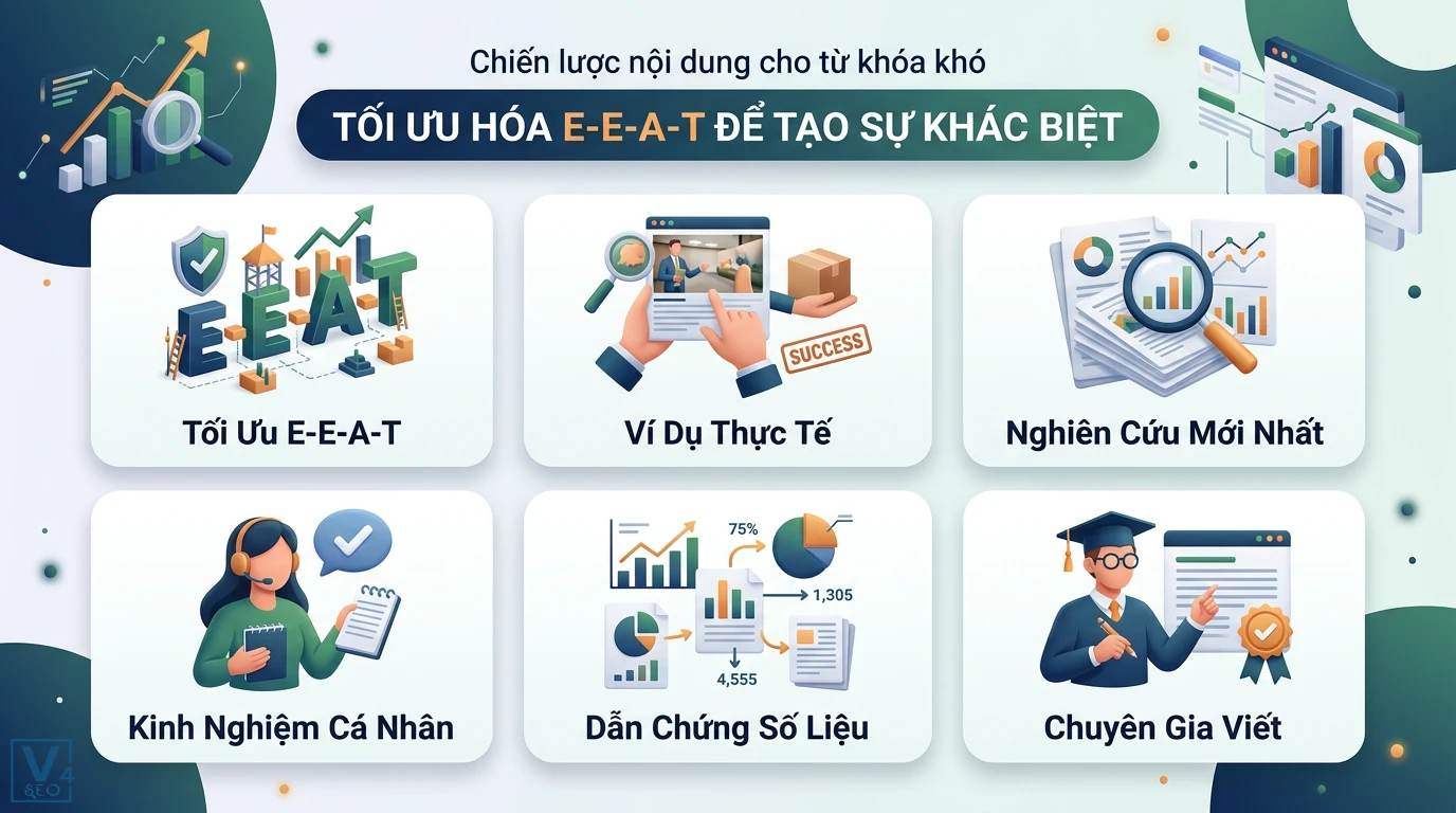 Làm sao để tối ưu bài viết cho từ khóa cạnh tranh cao? 5 bước SEO 2 Tối ưu E-E-A-T tạo khác biệt cho từ khóa khó bằng ví dụ thực tế, nghiên cứu mới, kinh nghiệm cá nhân, dẫn chứng số liệu và chuyên gia thực chiến