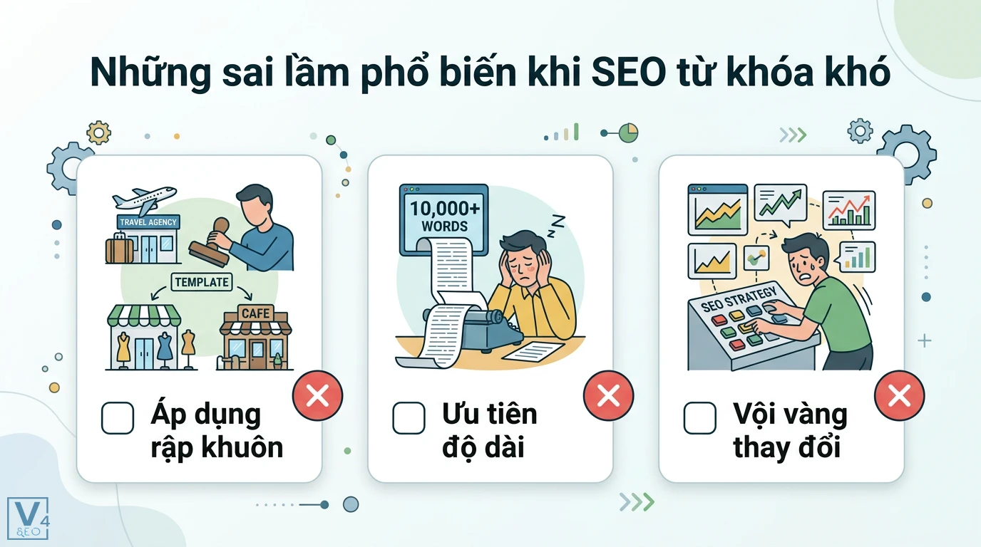 Làm sao để tối ưu bài viết cho từ khóa cạnh tranh cao? 5 bước SEO 3 Sai lầm phổ biến khi SEO từ khóa khó gồm áp dụng rập khuôn nội dung, quá ưu tiên độ dài bài viết và vội vàng thay đổi khi chưa đủ dữ liệu