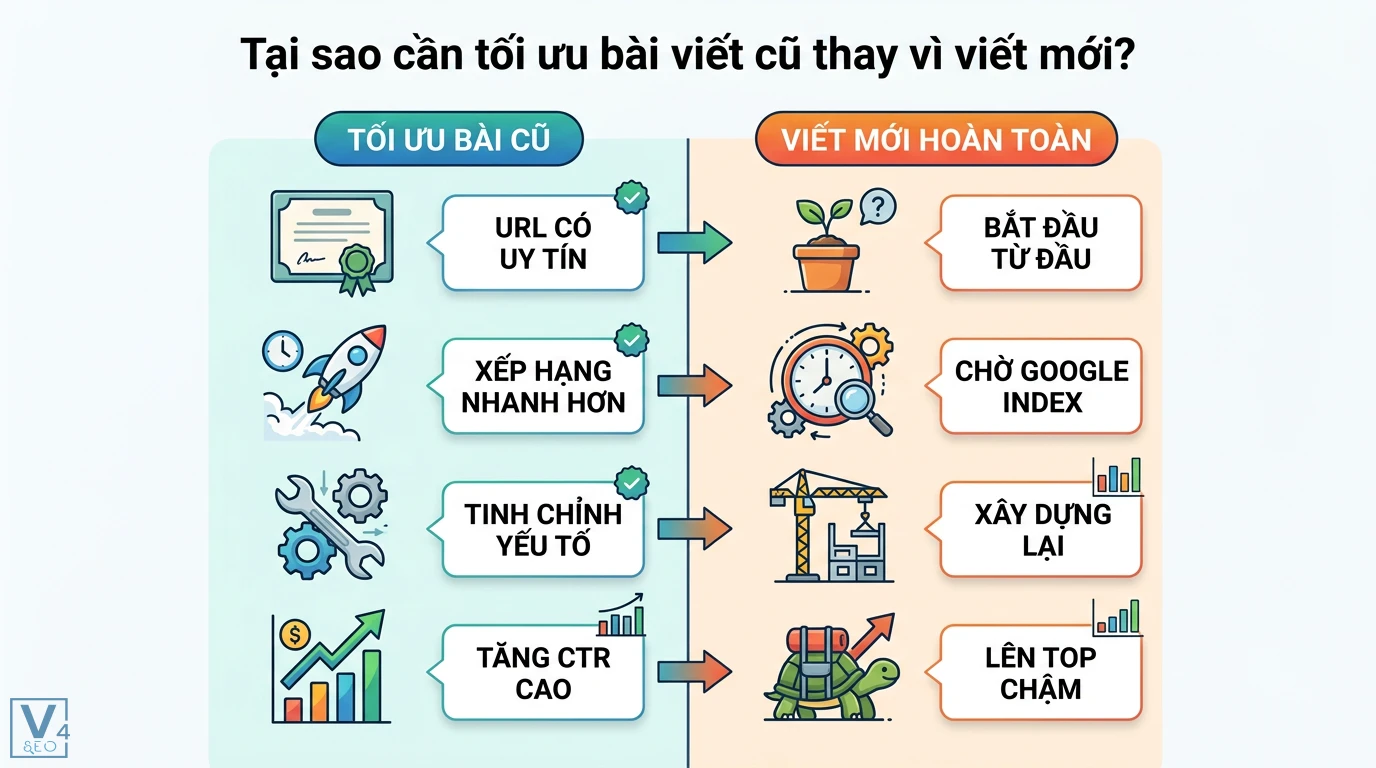 Làm sao để tối ưu bài viết có sẵn mà không cần viết lại? 7 bước 1 Tối ưu bài viết cũ giúp xếp hạng nhanh và tăng CTR nhờ URL có uy tín so với việc viết mới hoàn toàn phải bắt đầu từ đầu và lên top chậm
