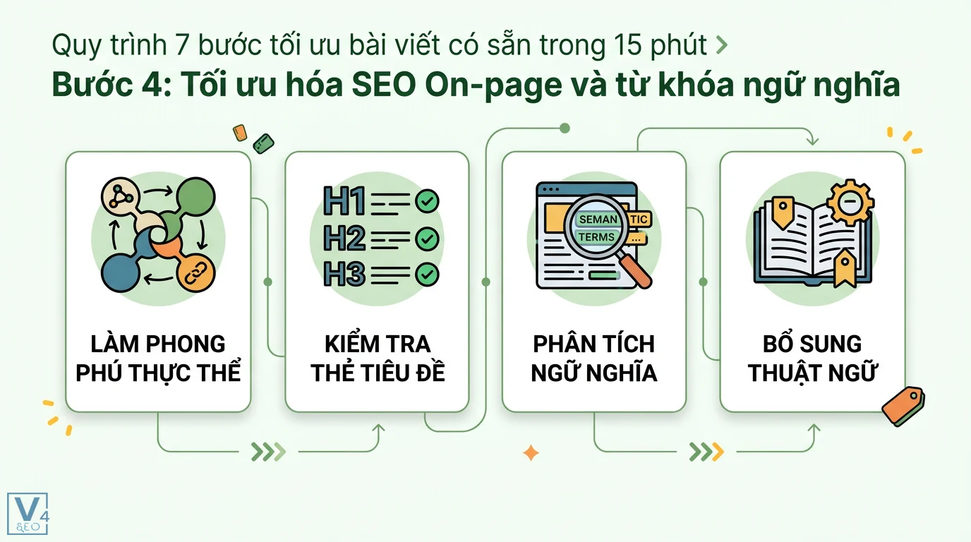 Làm sao để tối ưu bài viết có sẵn mà không cần viết lại? 7 bước 2 Tối ưu hóa SEO On-page và từ khóa ngữ nghĩa qua làm phong phú thực thể, kiểm tra thẻ tiêu đề H1 H2 H3, phân tích và bổ sung thuật ngữ chuyên ngành