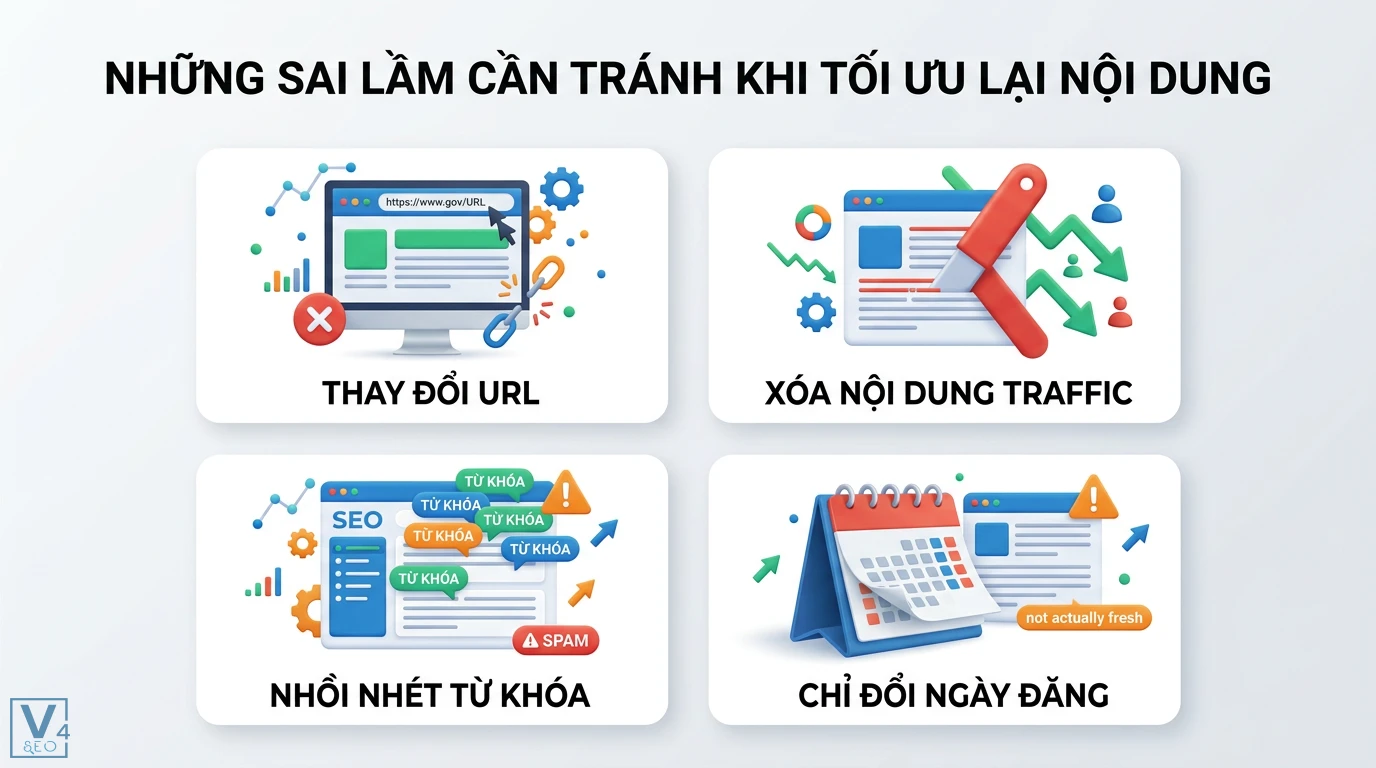 Làm sao để tối ưu bài viết có sẵn mà không cần viết lại? 7 bước 3 Sai lầm cần tránh khi tối ưu nội dung như thay đổi URL, xóa nội dung traffic, nhồi nhét từ khóa và chỉ cập nhật ngày đăng không thực sự mới
