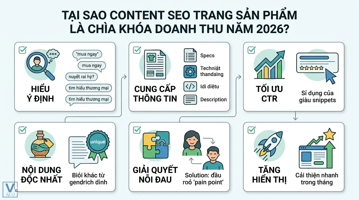 Tối ưu Content SEO trang sản phẩm TMĐT 2026: AI, UX & Schema 1 Content SEO trang sản phẩm giúp hiểu ý định, cung cấp thông tin, tối ưu CTR, tạo nội dung độc nhất và giải quyết nỗi đau để tăng hiển thị