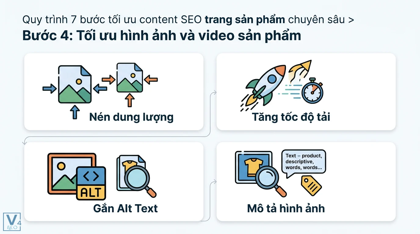 Tối ưu Content SEO trang sản phẩm TMĐT 2026: AI, UX & Schema 2 Cách nén dung lượng, tăng tốc độ tải, gắn Alt Text và mô tả sản phẩm chuẩn SEO giúp thu hút lưu lượng truy cập từ Google Images