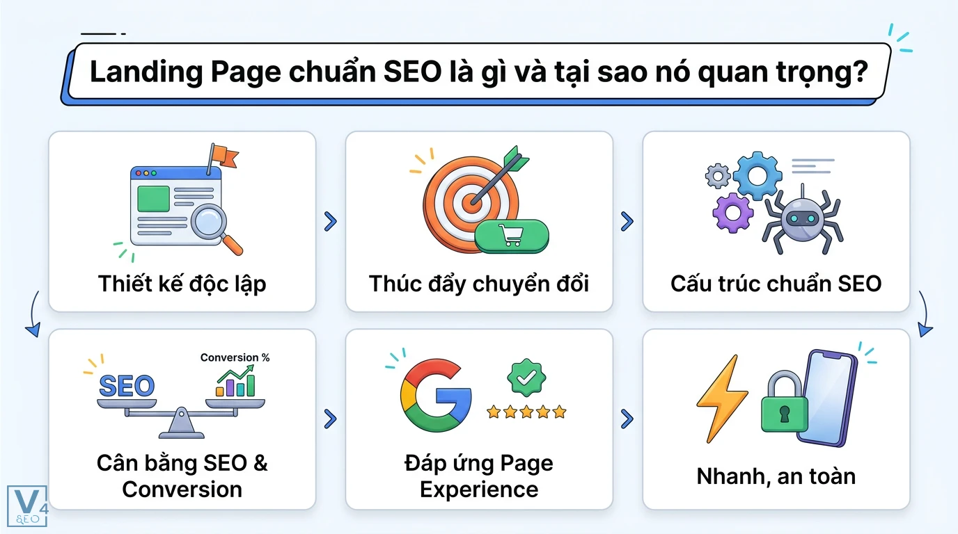 Làm sao để tối ưu hóa nội dung SEO cho trang đích (Landing Page)? 1 Landing Page chuẩn SEO thiết kế độc lập, tối ưu cấu trúc thúc đẩy chuyển đổi, cân bằng SEO và Conversion, đáp ứng Page Experience an toàn