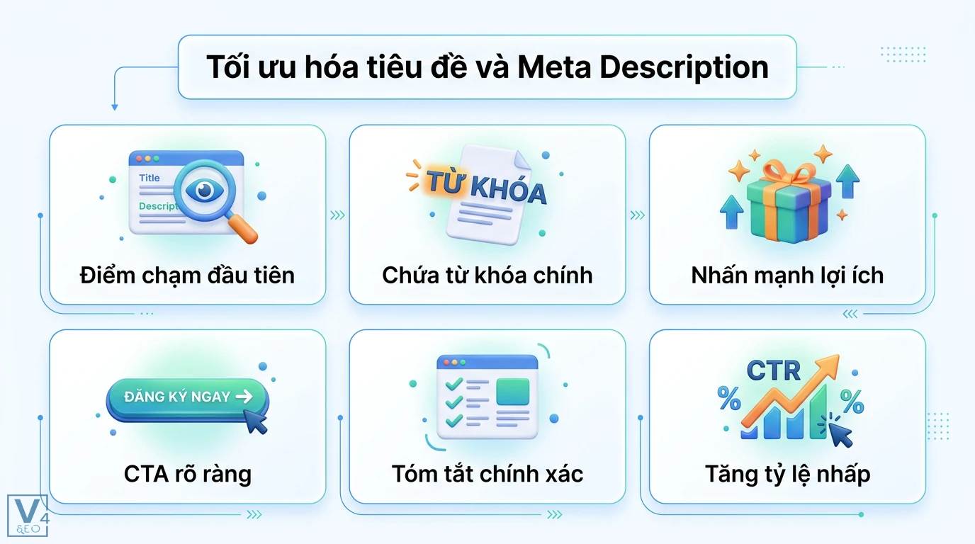 Làm sao để tối ưu hóa nội dung SEO cho trang đích (Landing Page)? 2 Tối ưu hóa tiêu đề và Meta Description bằng từ khóa chính, nhấn mạnh lợi ích, CTA rõ ràng và tóm tắt chính xác để tăng tỷ lệ nhấp CTR